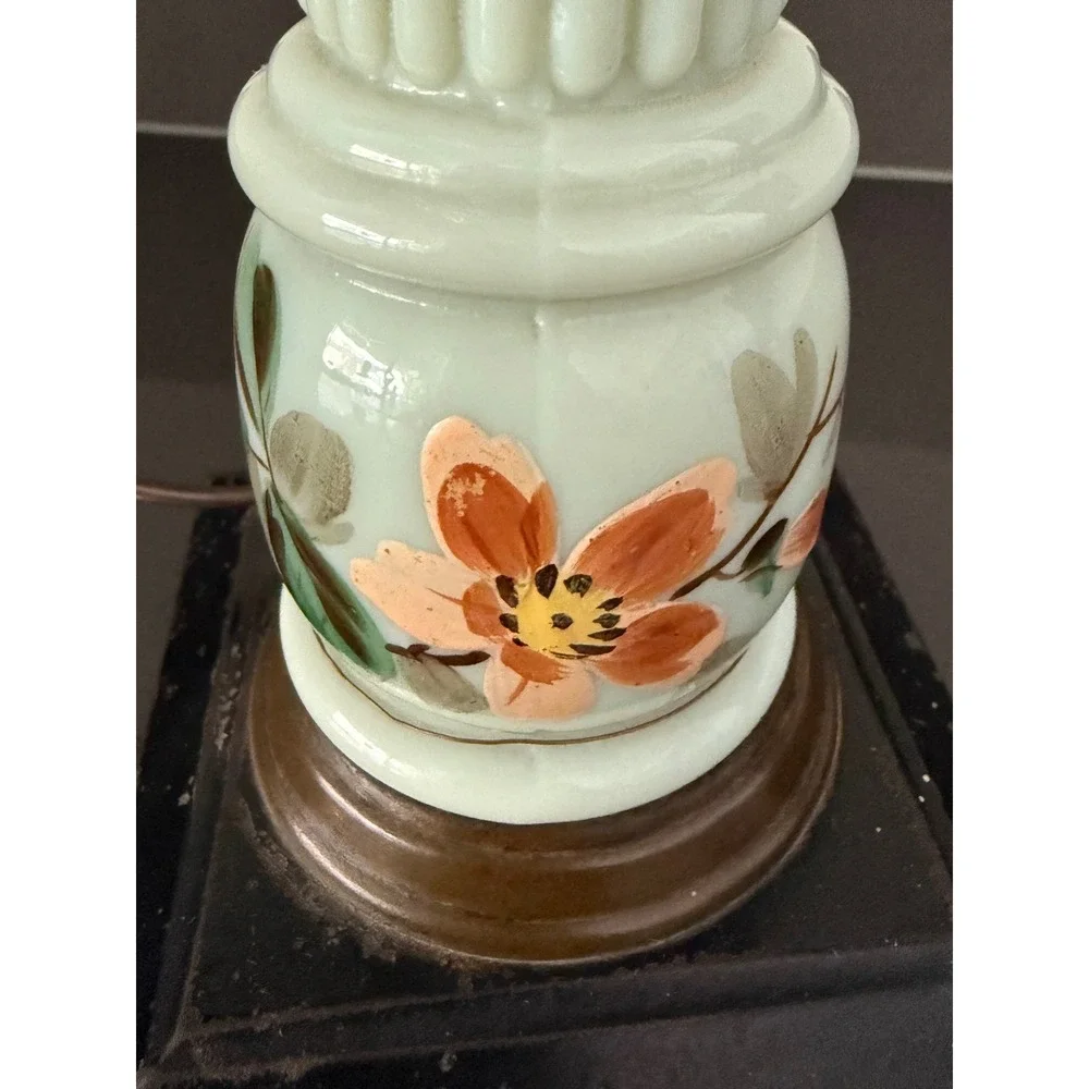 Vintage Electric Hurricane Lamp Floral Milk Glass Hobnail Clear Red Flame Bulb